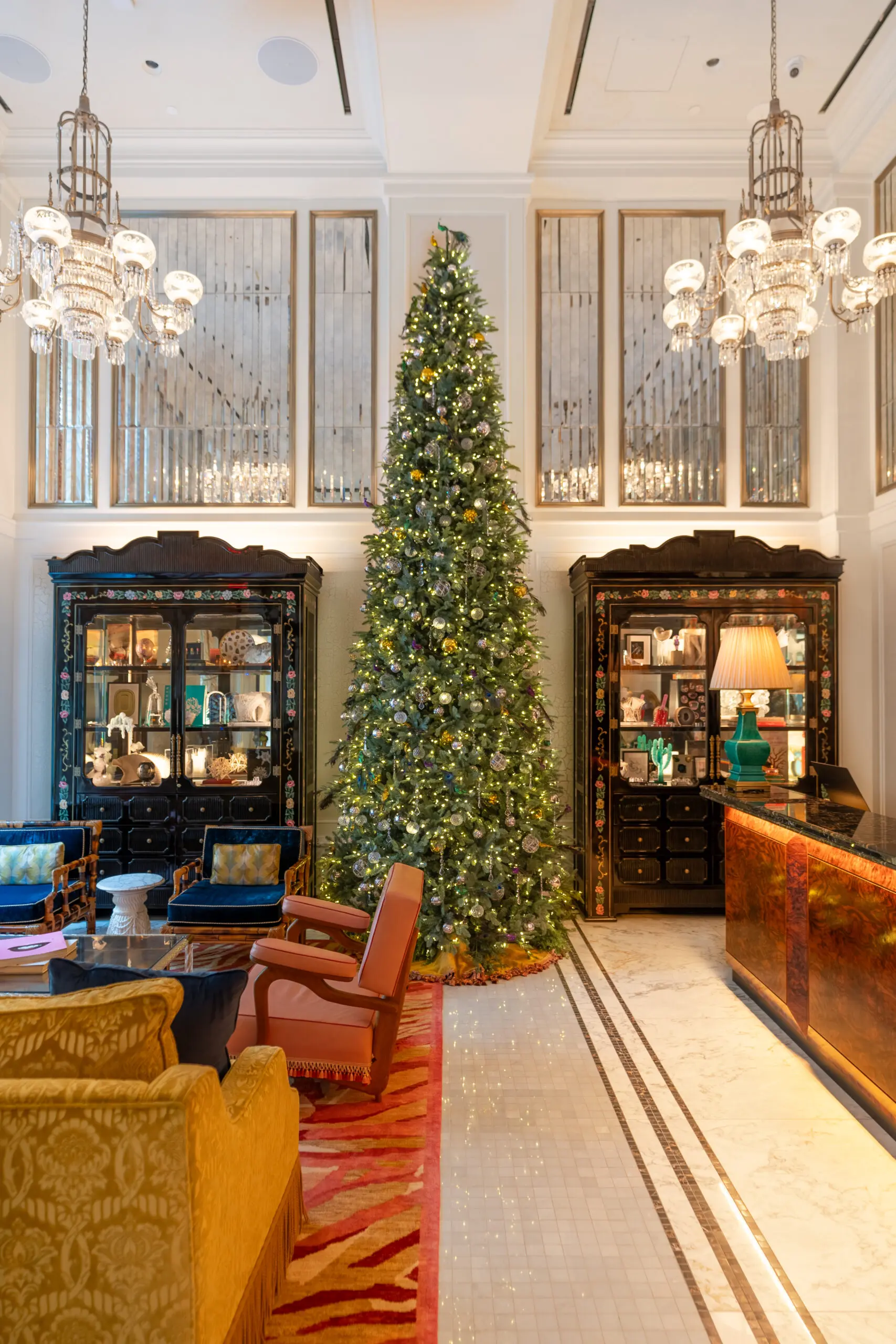 Christmas tree decorations at the Fifth Avenue Hotel: a festive display of ornaments and lights.